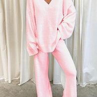 WW | Damen Set Einfarbig V-Ausschnitt Lässige Langarm Top & Hose Warm Zweiteilig Set