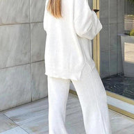 WW | Damen Set Einfarbig V-Ausschnitt Lässige Langarm Top & Hose Warm Zweiteilig Set