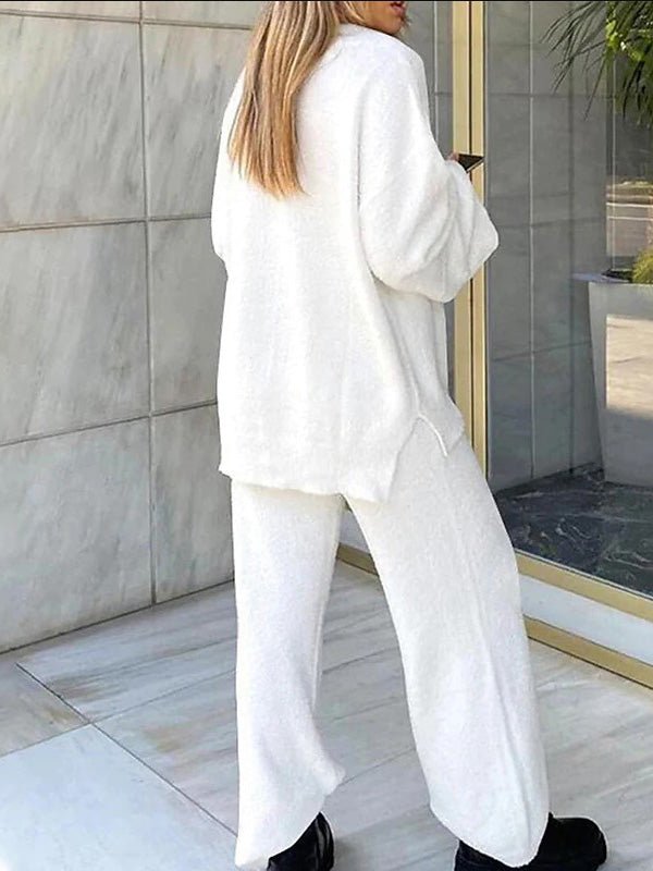 WW | Damen Set Einfarbig V-Ausschnitt Lässige Langarm Top & Hose Warm Zweiteilig Set