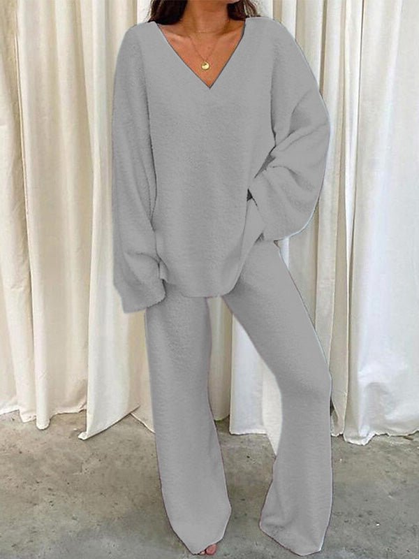 WW | Damen Set Einfarbig V-Ausschnitt Lässige Langarm Top & Hose Warm Zweiteilig Set