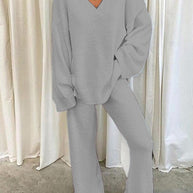 WW | Damen Set Einfarbig V-Ausschnitt Lässige Langarm Top & Hose Warm Zweiteilig Set