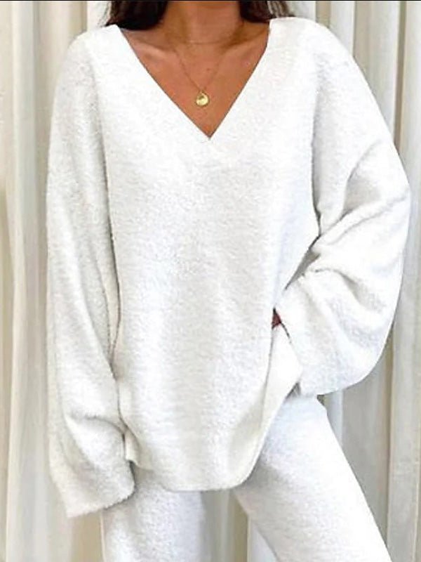 WW | Damen Set Einfarbig V-Ausschnitt Lässige Langarm Top & Hose Warm Zweiteilig Set