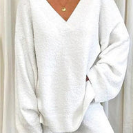 WW | Damen Set Einfarbig V-Ausschnitt Lässige Langarm Top & Hose Warm Zweiteilig Set