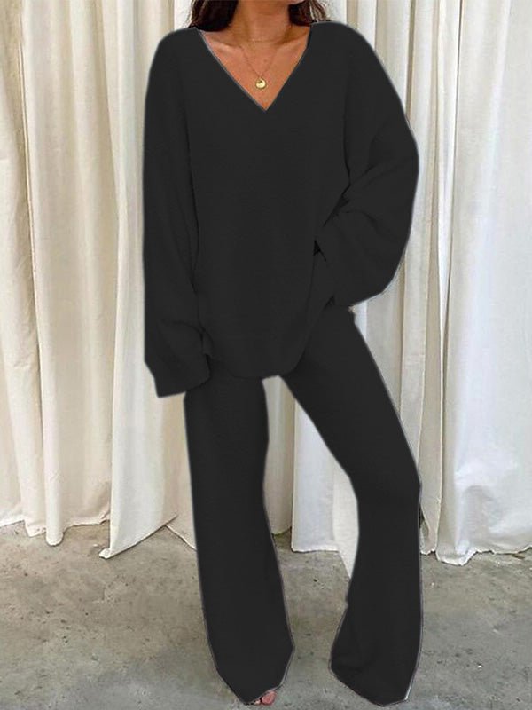 WW | Damen Set Einfarbig V-Ausschnitt Lässige Langarm Top & Hose Warm Zweiteilig Set