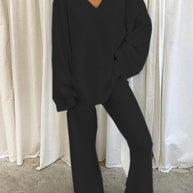 WW | Damen Set Einfarbig V-Ausschnitt Lässige Langarm Top & Hose Warm Zweiteilig Set