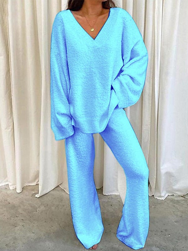 WW | Damen Set Einfarbig V-Ausschnitt Lässige Langarm Top & Hose Warm Zweiteilig Set