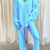 WW | Damen Set Einfarbig V-Ausschnitt Lässige Langarm Top & Hose Warm Zweiteilig Set