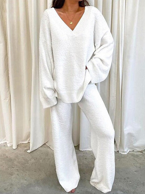 WW | Damen Set Einfarbig V-Ausschnitt Lässige Langarm Top & Hose Warm Zweiteilig Set
