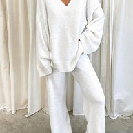 WW | Damen Set Einfarbig V-Ausschnitt Lässige Langarm Top & Hose Warm Zweiteilig Set