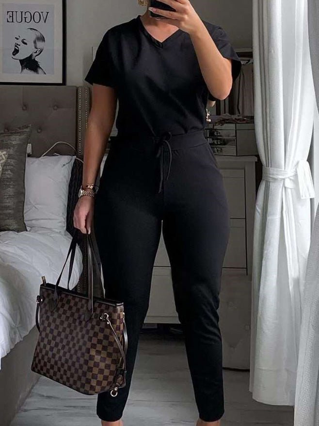 WW | Damen Set V-Ausschnitt Kurzarm Top & Hose Lässiges Zweiteiliges Set