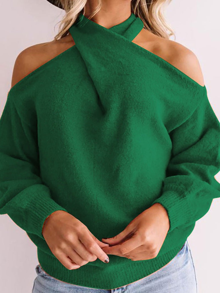 WW | Ampersand Frauen Strickpullover Solid V-Ausschnitt Off Shoulder Strickpullover