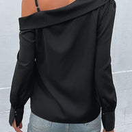 WW | Damen T-Shirts Unregelmäßig Schwarz Träger Langarm T-Shirt