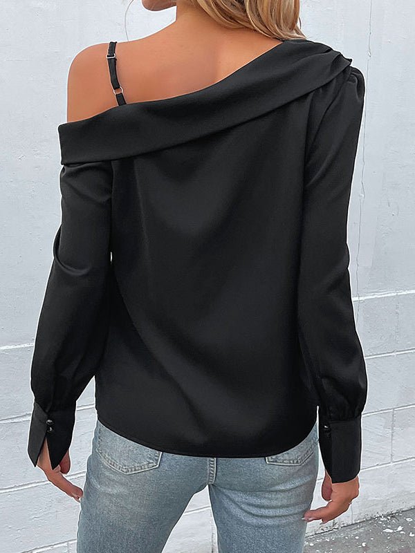 WW | Damen T-Shirts Unregelmäßig Schwarz Träger Langarm T-Shirt