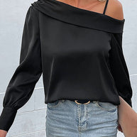 WW | Damen T-Shirts Unregelmäßig Schwarz Träger Langarm T-Shirt