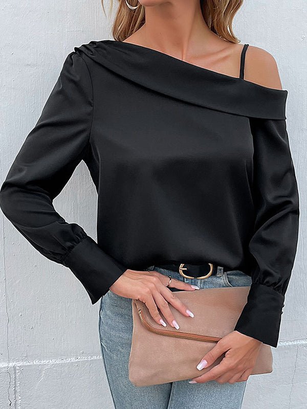 W&W Mode | Damen T-Shirts Unregelmäßig Schwarz Träger Langarm T-Shirt
