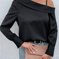 WW | Damen T-Shirts Unregelmäßig Schwarz Träger Langarm T-Shirt