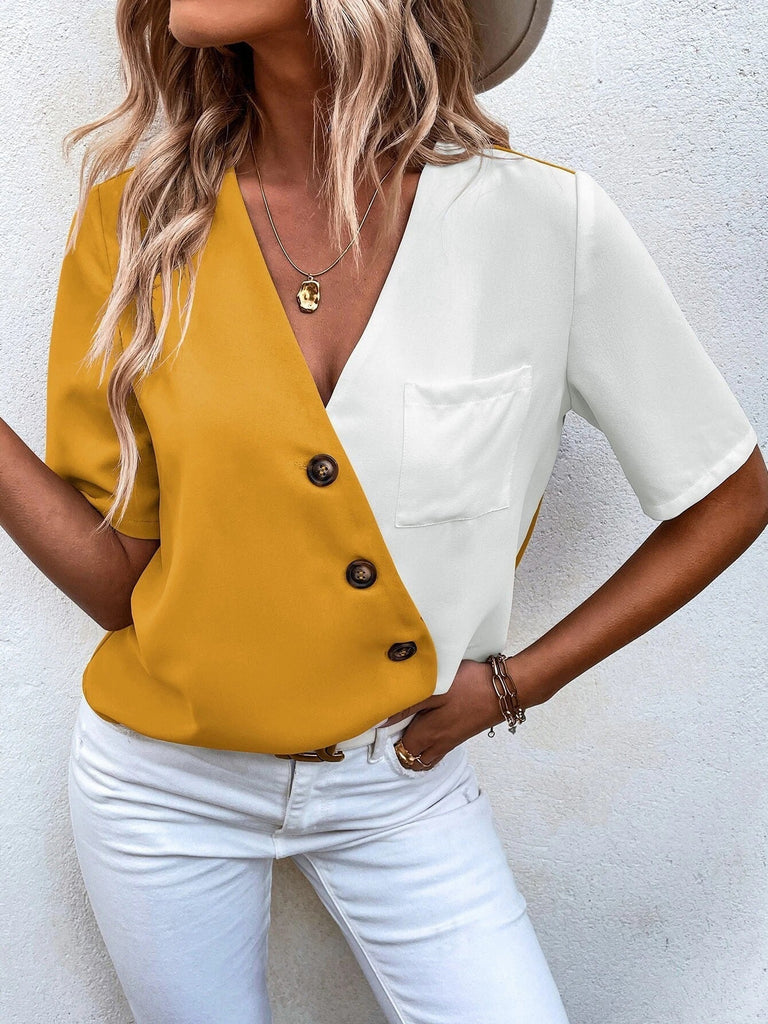 WW | Damen T-Shirts V-Ausschnitt Knopf Kontrastfarbe Kurzarm T-Shirt