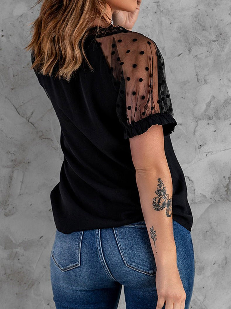 WW | Damen T-Shirts V-Ausschnitt Spitze Mesh Kurzarm T-Shirt
