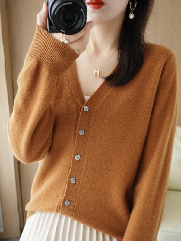 WW | Damen V-Ausschnitt Knopfverschluss Langarm Cardigan