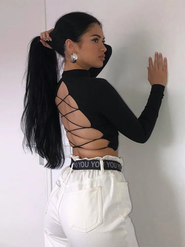W&W Mode | Sexy T-Shirt mit Bandage und langen Ärmeln