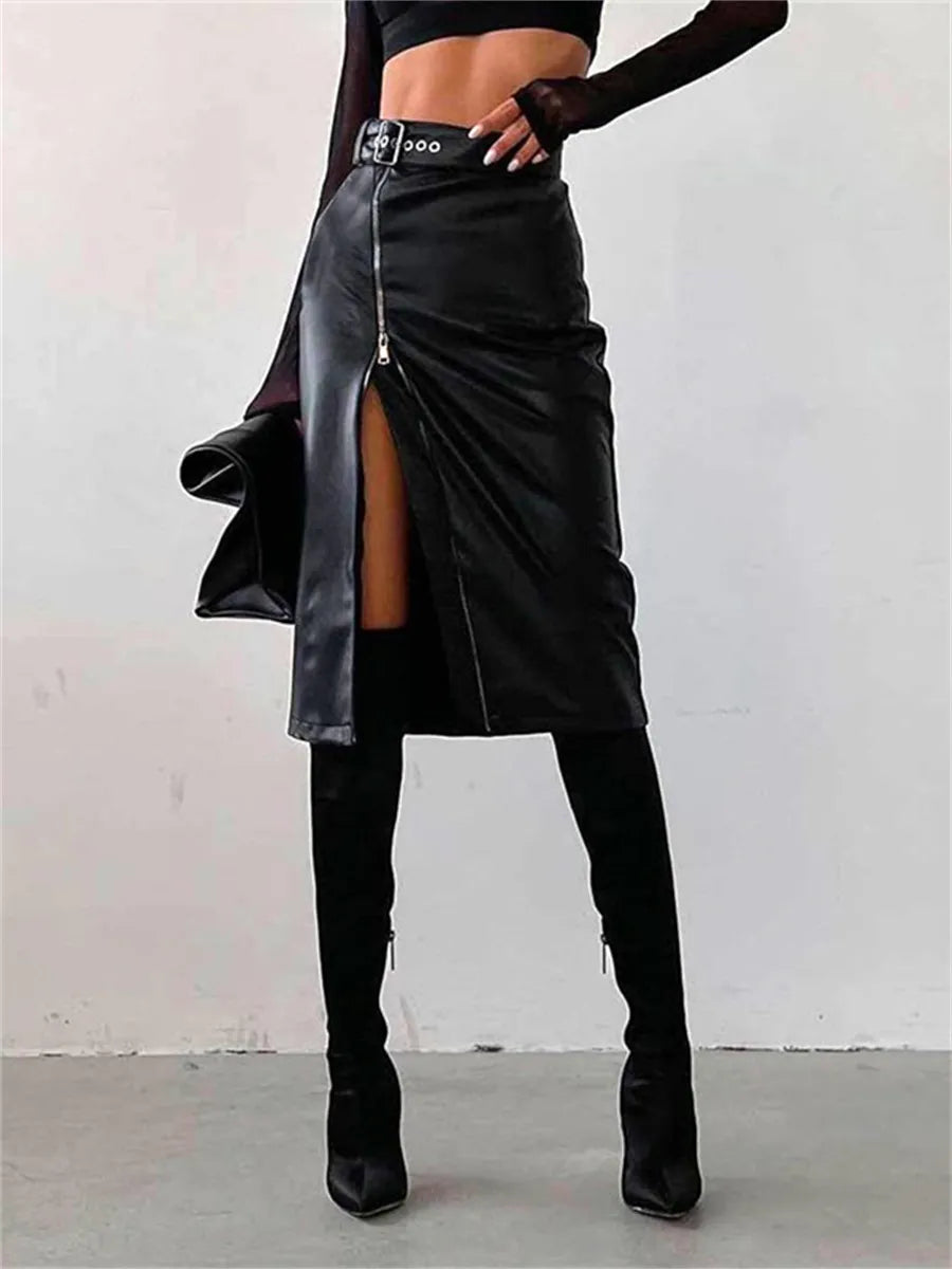 W&W Mode - Eleganter PU-Leder Bleistiftrock mit hohem Bund und Reißverschluss