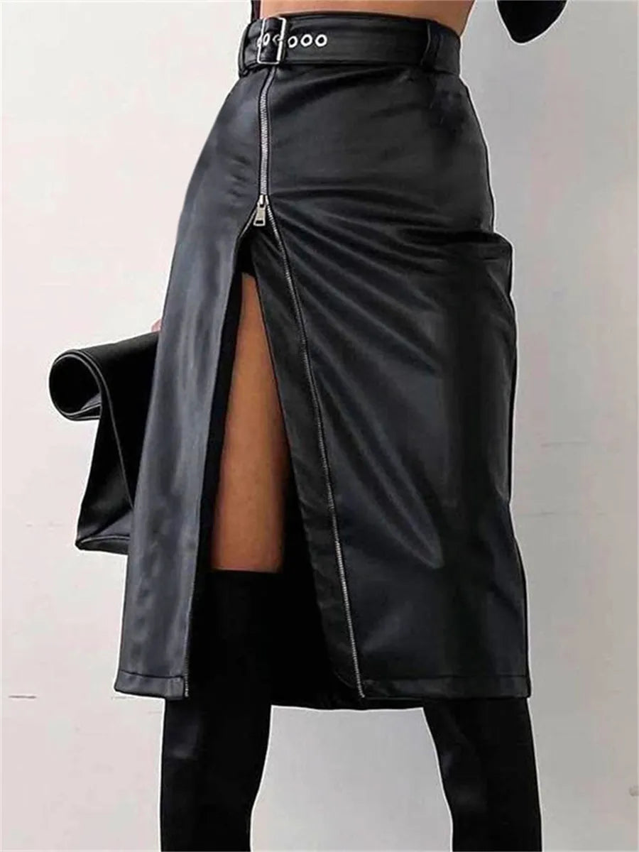 W&W - Eleganter PU-Leder Bleistiftrock mit hohem Bund und Reißverschluss