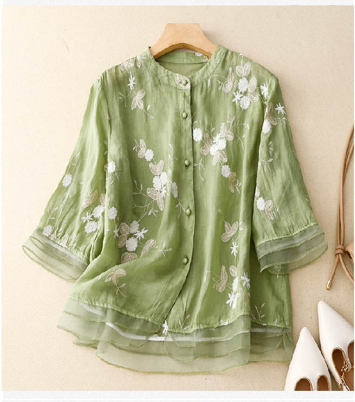 WW | Bestickte Baumwoll Leinen Bluse