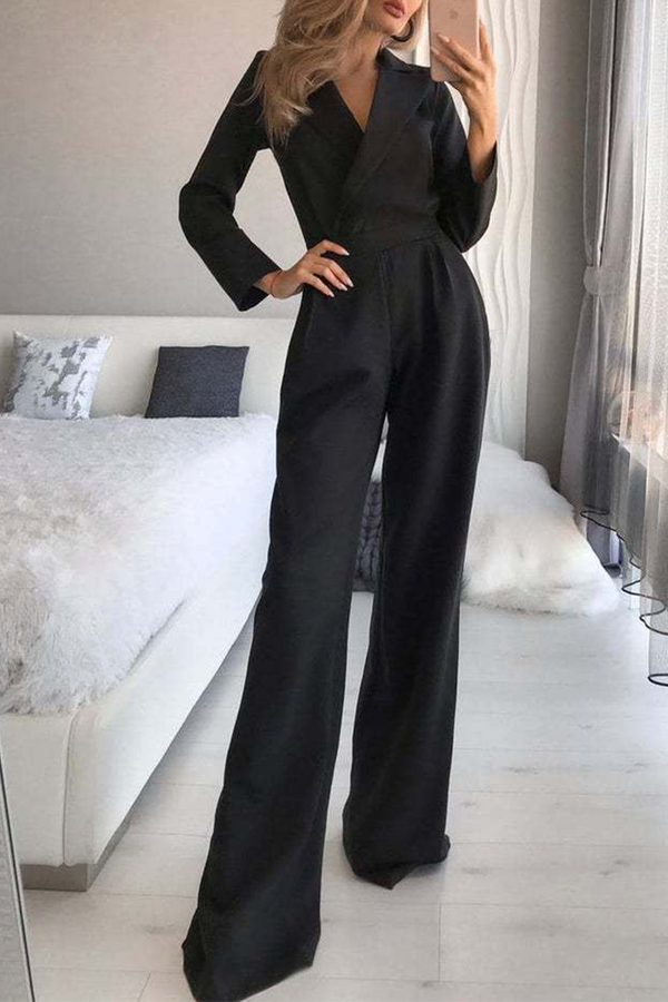 WOLF Mode Elegante Umlegekragen Gerade Jumpsuits