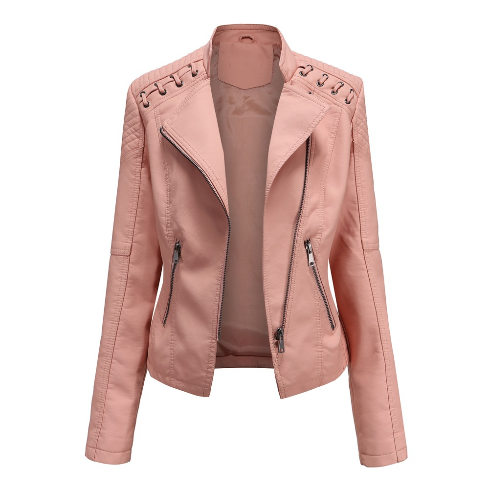 Rose Lederjacke mit Reißverschluss und Tasche