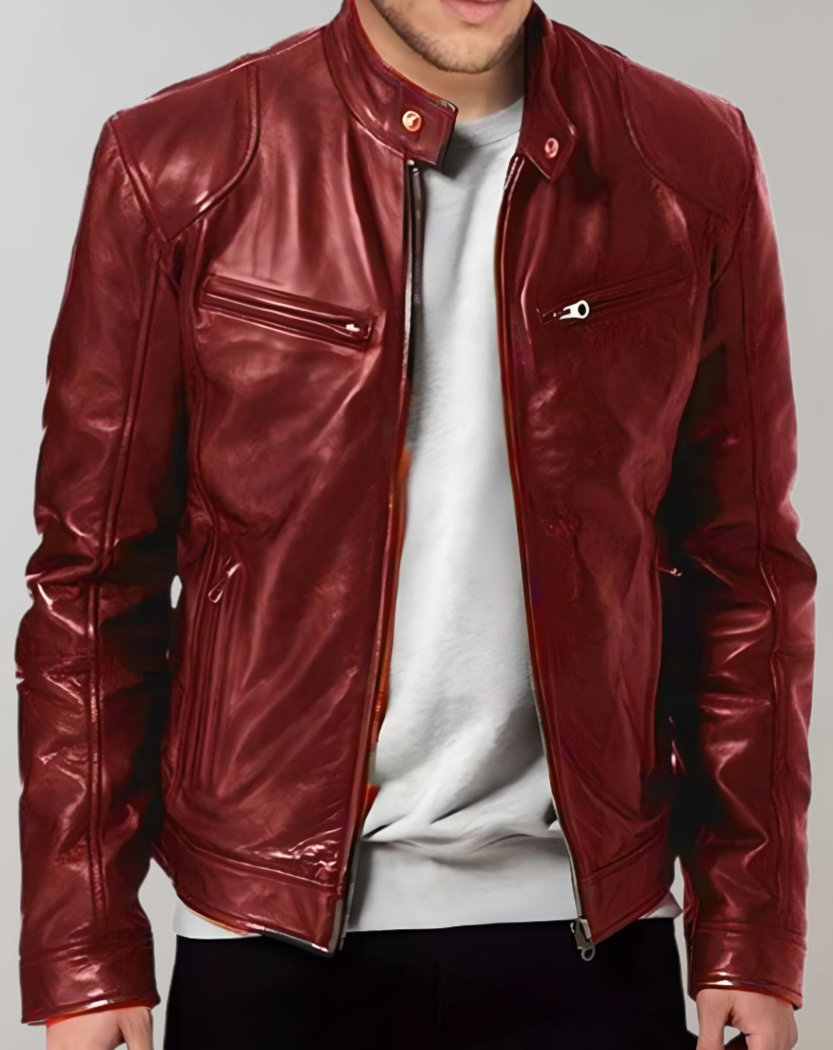 W&W - Gut sitzende glänzende Lederjacke mit Reißverschluss für Herren Jacke