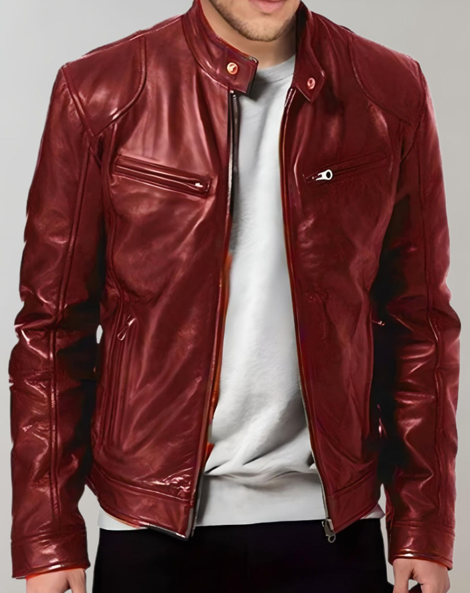 W&W - Gut sitzende glänzende Lederjacke mit Reißverschluss für Herren Jacke