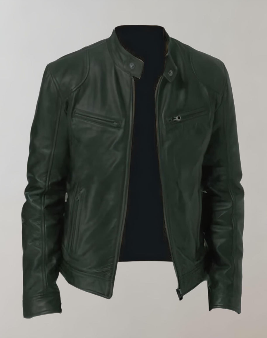 W&W - Gut sitzende glänzende Lederjacke mit Reißverschluss für Herren Jacke