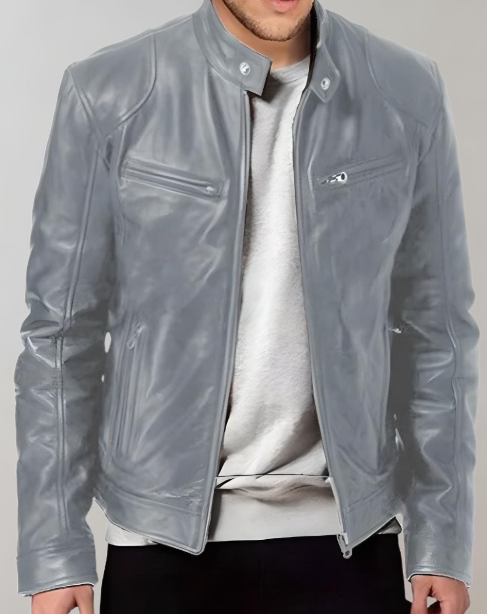 W&W - Gut sitzende glänzende Lederjacke mit Reißverschluss für Herren Jacke