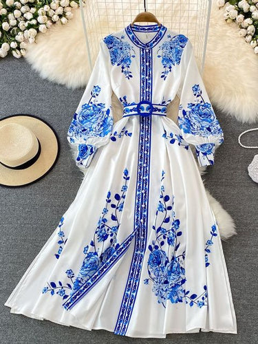 W&W Kleid mit Blumendruck Langes Laternenärmeliges Single Vintage