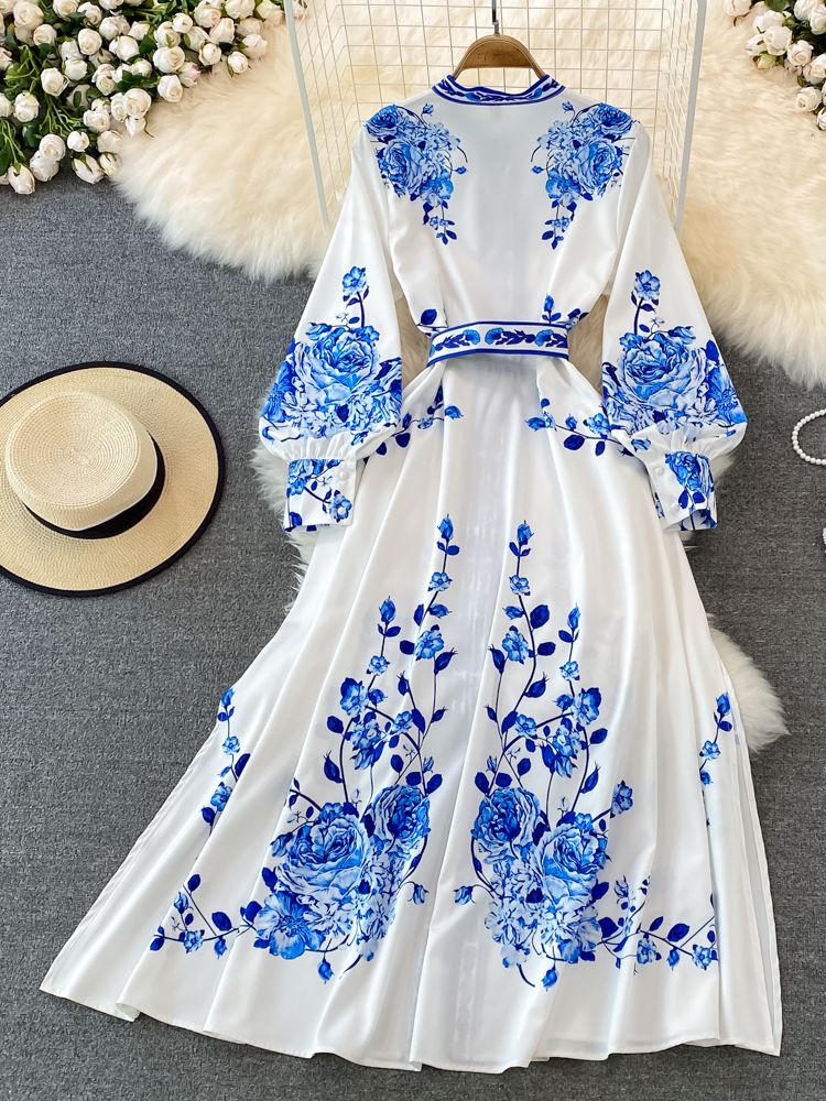 W&W Kleid mit Blumendruck Langes Laternenärmeliges Single Vintage