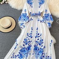 W&W Kleid mit Blumendruck Langes Laternenärmeliges Single Vintage