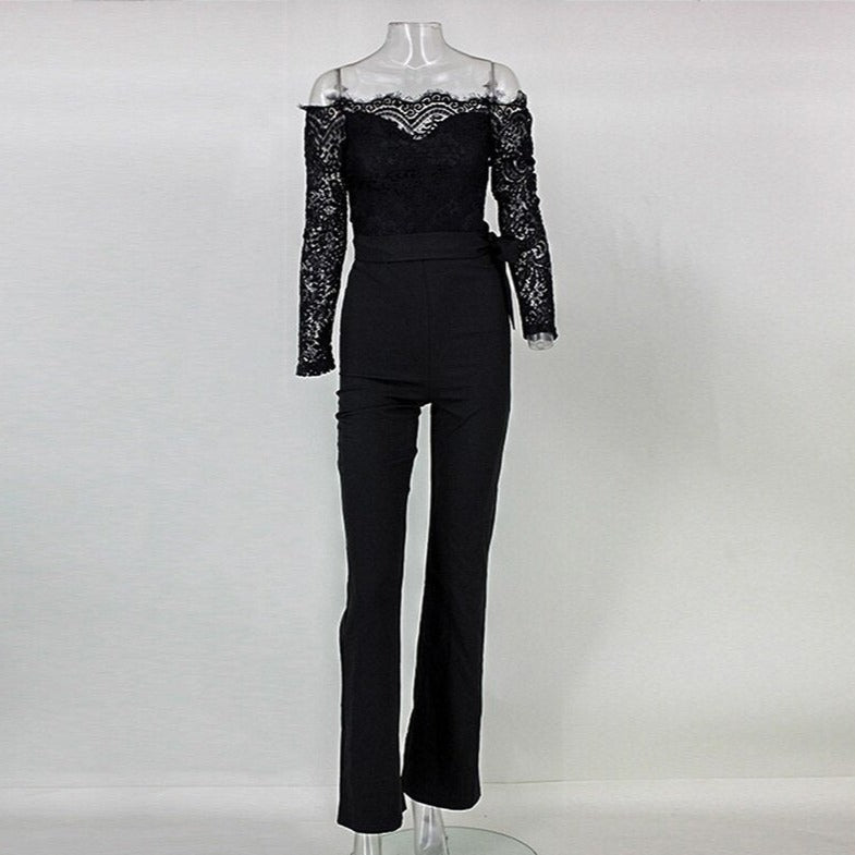Schwarz schulterfreier Overall mit Spitze, elegantes Design