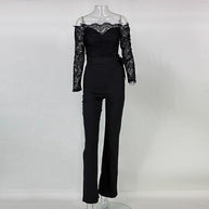 Schwarz schulterfreier Overall mit Spitze, elegantes Design