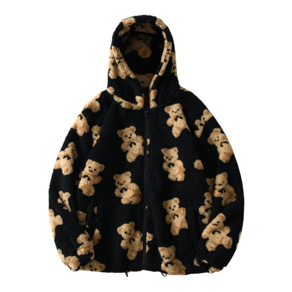 W&W Harajuku Bär Teddy Druck Plüsch Jacke flauschige Kapuze Oberbekleidung