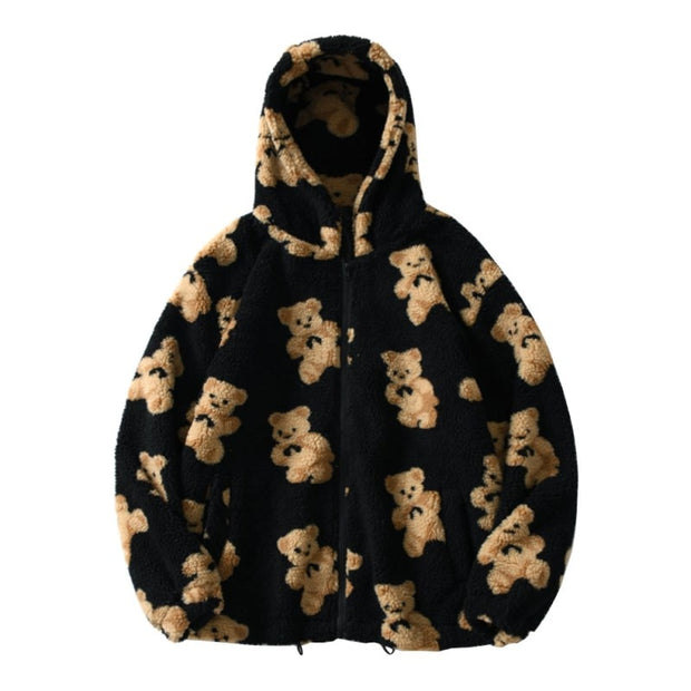 W&W Harajuku Bär Teddy Druck Plüsch Jacke flauschige Kapuze Oberbekleidung