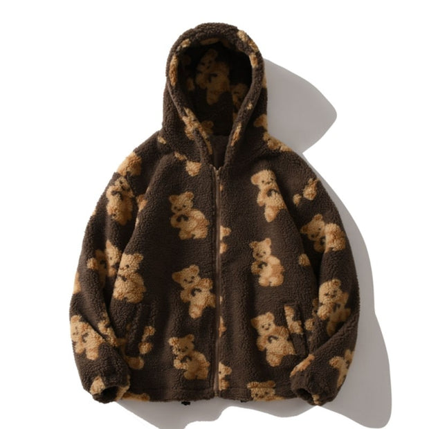 W&W Harajuku Bär Teddy Druck Plüsch Jacke flauschige Kapuze Oberbekleidung