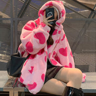 W&W Harajuku Bär Teddy Druck Plüsch Jacke flauschige Kapuze Oberbekleidung