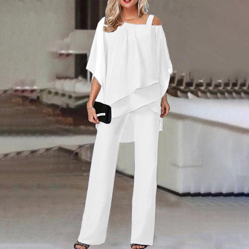 W&W Damen Zweiteiler Satz| Eleganter Jumpsuit mit Cold Shoulder Bluse