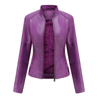 Violett lederjacke mit mao-kragen auf weißem hintergrund