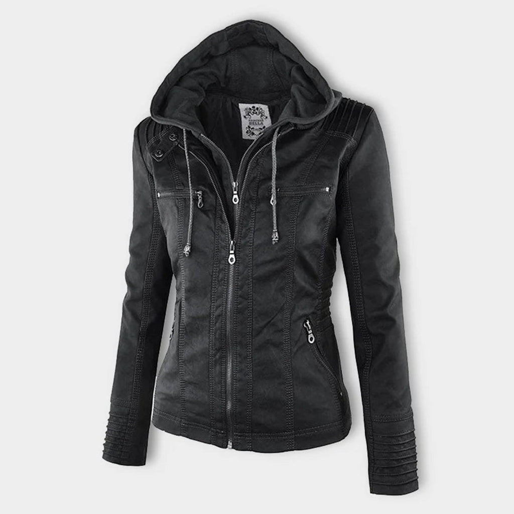 Seitenansicht einer schwarz lederjacke mit kapuze