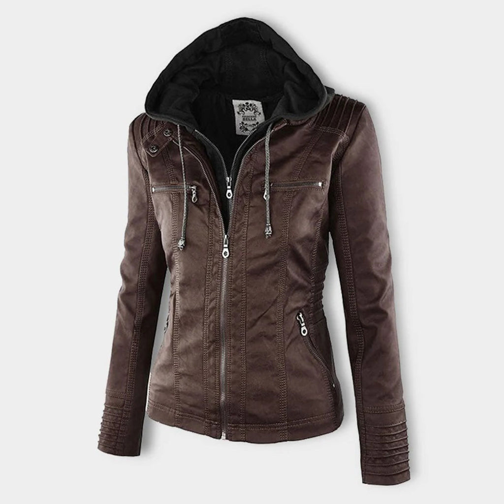 Seitenansicht einer braun lederjacke mit kapuze