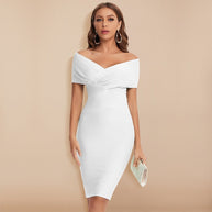 BEAUKEY 2020 Summer Women Sexy Off Shoulder V Neck HL Bandage Dress Green Bodycon Sheath Elegant Knee Length Party Club Vestido - Wolf Fashion