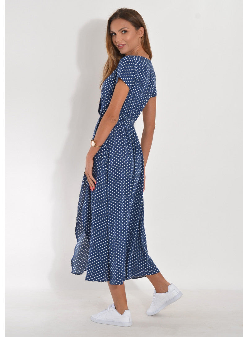 Sommerliches Maxikleid mit Punkten – Luftiges Kleid mit V-Ausschnitt, Bindegürtel & Schlitz