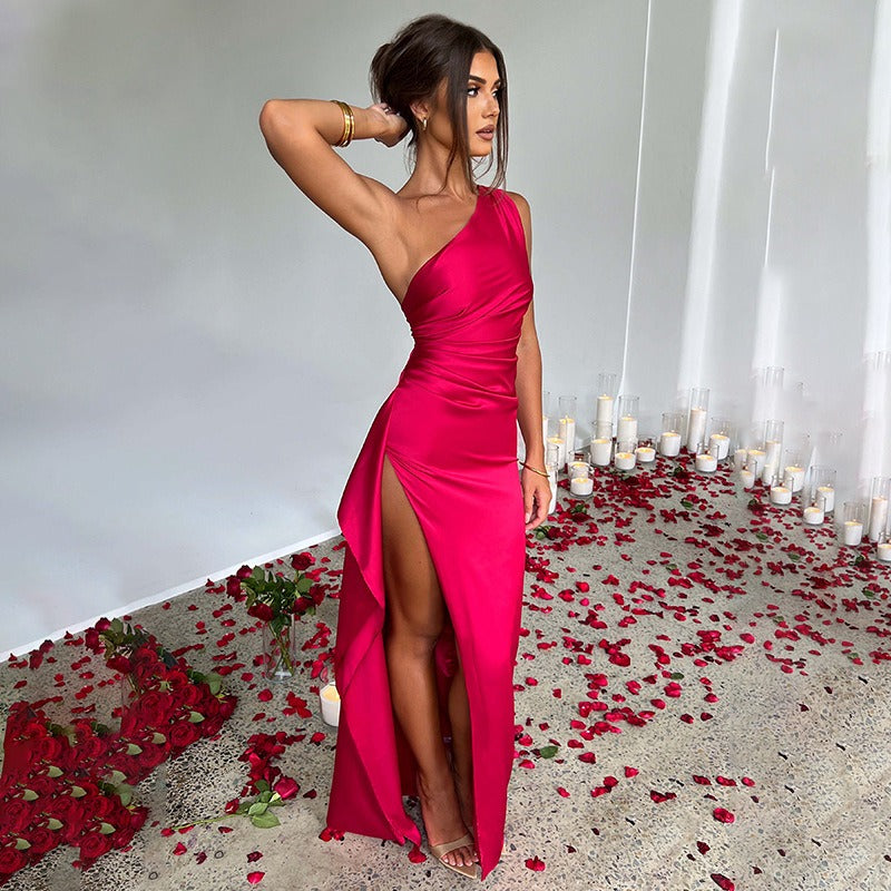 WW Gerüscht Eine- Schultern Maxikleid